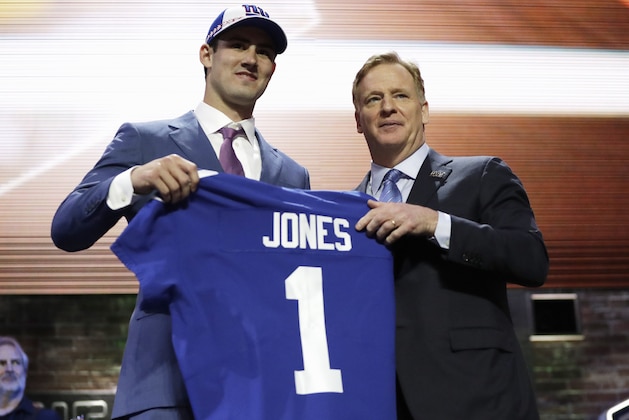 Duke quarterback Daniel Jones poses with NFL Commissioner Roger Goodell after the New York Giants selected Jones in the first round at the NFL football draft, Thursday, April 25, 2019, in Nashville, Tenn. (AP Photo/Mark Humphrey) Duke quarterback Daniel Jones poses with NFL Commissioner Roger Goodell after the New York Giants selected Jones in the first round at the NFL football draft, Thursday, April 25, 2019, in Nashville, Tenn. (AP Photo/Mark Humphrey)