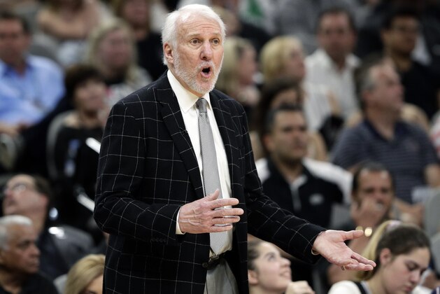 San Antonio Spurs head coach Gregg Popovich during the second half of Game 6 of an NBA basketball playoff series against the Denver Nuggets, Thursday, April 25, 2019, in San Antonio. San Antonio won 120-103. (AP Photo/Eric Gay)
