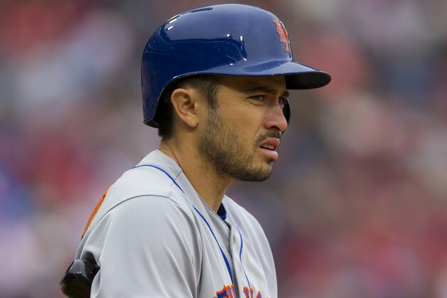 PHILADELPHIA, PA - APRIL 17: Travis d'Arnaud #18 of the New York Mets looks on against the Philadelphia Phillies at Citizens Bank Park on April 17, 2019 in Philadelphia, Pennsylvania. (Photo by Mitchell Leff/Getty Images)