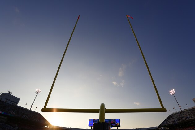 Goalposts are shown against the evening sky during the second half of a preseason NFL football game between the Buffalo Bills and Tampa Bay Buccaneers Saturday, Aug. 23, 2014, in Orchard Park, N.Y. The Buccaneers won the game 27-14. (AP Photo/Bill Wippert)