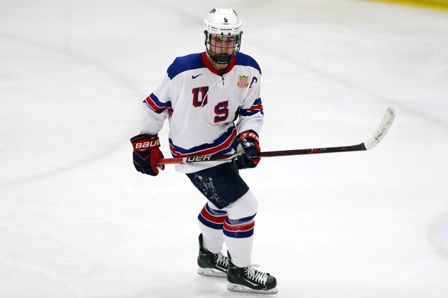In this Wednesday, Nov. 21, 2018, photo, Jack Hughes, expected to be a top pick in the next NHL hockey draft, plays against Bowling Green in Plymouth, Mich. USA Hockey has developed the nation's top players for more than two-plus decades, producing a quartet of No. 1 overall picks in the NHL draft, including Auston Matthews and Patrick Kane. Hughes may be next. (AP Photo/Carlos Osorio)