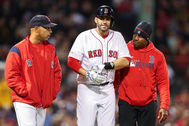BOSTON, MA - APRIL 23:    J.D. Martinez #28 of the Boston Red Sox react safer being hit by a pitch in the third inning of a game against the Detroit Tigers during the second game of a double header at Fenway Park on April 23, 2019 in Boston, Massachusetts.  (Photo by Adam Glanzman/Getty Images)