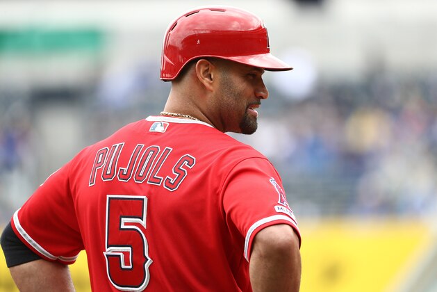 KANSAS CITY, MISSOURI - APRIL 28:  Albert Pujols #5 of the Los Angeles Angels stands on base after knocking in two runs during the 1st inning of the game against the Kansas City Royals at Kauffman Stadium on April 28, 2019 in Kansas City, Missouri.  With those two RBI's Pujols surpassed Barry Bonds to become third on the all-time RBI list. (Photo by Jamie Squire/Getty Images)