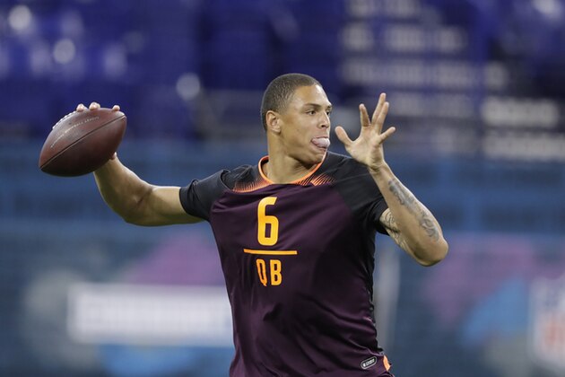 Buffalo quarterback Tyree Jackson runs a drill during the NFL football scouting combine, Saturday, March 2, 2019, in Indianapolis. (AP Photo/Darron Cummings)