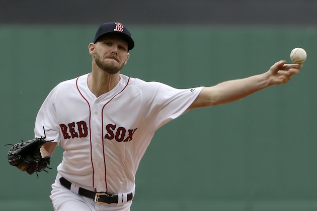 Boston Red Sox's Chris Sale delivers a pitch against the Tampa Bay Rays during the first inning of a baseball game at Fenway Park, Sunday, April 28, 2019, in Boston. (AP Photo/Steven Senne)