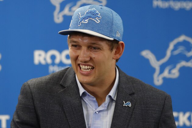 Detroit Lions first-round draft pick T.J. Hockenson addresses the media at the NFL football team's training facility, Friday, April 26, 2019, in Allen Park, Mich. (AP Photo/Carlos Osorio)