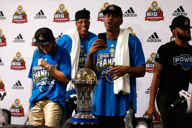BROOKLYN, NY - AUGUST 24:  Quentin Richardson #3 of Power speaks to the media after defeating 3's Company during the BIG3 Championship at the Barclays Center on August 24, 2018 in Brooklyn, New York.  (Photo by Adam Hunger/BIG3/Getty Images)