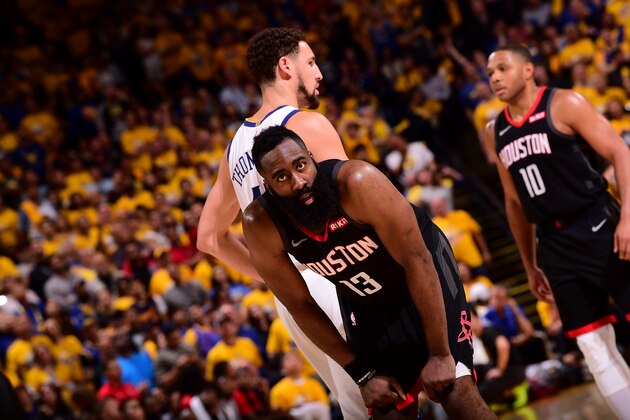 OAKLAND, CA - APRIL 28: James Harden #13 of the Houston Rockets looks on against the Golden State Warriors during Game One of the Western Conference Semi-Finals of the 2019 NBA Playoffs on April 28, 2019 at ORACLE Arena in Oakland, California. NOTE TO USER: User expressly acknowledges and agrees that, by downloading and or using this photograph, User is consenting to the terms and conditions of the Getty Images License Agreement. Mandatory Copyright Notice: Copyright 2019 NBAE (Photo by Noah Graham/NBAE via Getty Images)