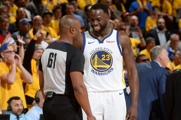 OAKLAND, CA - APRIL 28: Referee Courtney Kirkland #61 talks with Draymond Green #23 of the Golden State Warriors against the Houston Rockets during Game One of the Western Conference Semi-Finals of the 2019 NBA Playoffs on April 28, 2019 at ORACLE Arena in Oakland, California. NOTE TO USER: User expressly acknowledges and agrees that, by downloading and or using this photograph, User is consenting to the terms and conditions of the Getty Images License Agreement. Mandatory Copyright Notice: Copyright 2019 NBAE (Photo by Noah Graham/NBAE via Getty Images)