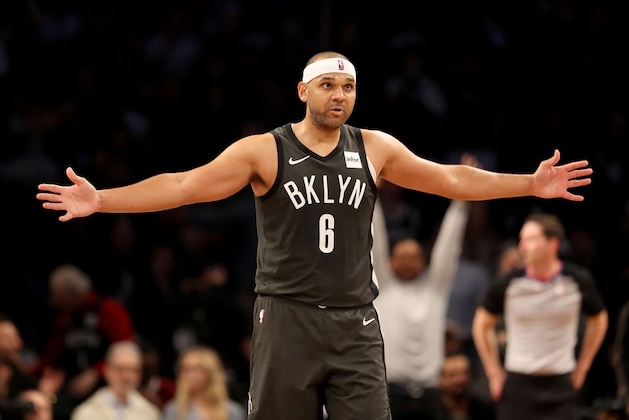 NEW YORK, NEW YORK - APRIL 20:  Jared Dudley #6 of the Brooklyn Nets celebrates his three point shot in the first half against the Philadelphia 76ers at Barclays Center on April 20, 2019 in the Brooklyn borough of New York City. NOTE TO USER: User expressly acknowledges and agrees that, by downloading and or using this photograph, User is consenting to the terms and conditions of the Getty Images License Agreement. (Photo by Elsa/Getty Images)