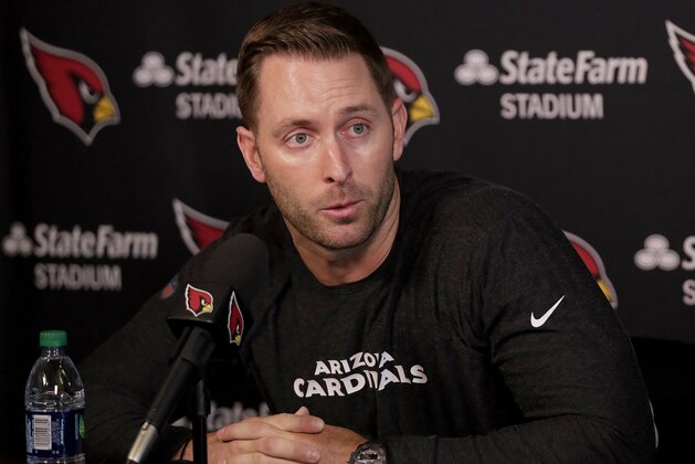 Arizona Cardinals head coach Kliff Kingsbury discusses the upcoming NFL football draft during a news conference, Tuesday, April 16, 2019, in Tempe, Ariz. (AP Photo/Matt York)