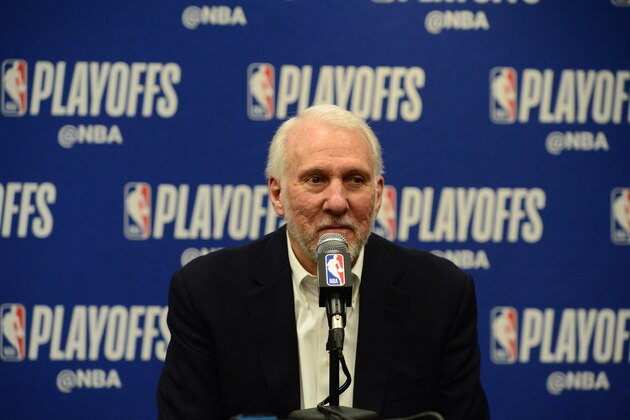 DENVER, CO - APRIL 27: Head Coach Gregg Popovich of the San Antonio Spurs talks at the press conference after Game Seven of Round One of the 2019 NBA Playoffs against the Denver Nuggets on April 27, 2019 at the Pepsi Center in Denver, Colorado. NOTE TO USER: User expressly acknowledges and agrees that, by downloading and/or using this Photograph, user is consenting to the terms and conditions of the Getty Images License Agreement. Mandatory Copyright Notice: Copyright 2019 NBAE (Photo by Bart Young/NBAE via Getty Images)