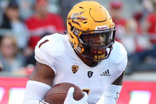 TUCSON, AZ - NOVEMBER 24:  Wide receiver N'Keal Harry #1 of the Arizona State Sun Devils runs with the ball during the second half of a college football game against the Arizona Wildcats at Arizona Stadium on November 24, 2018 in Tucson, Arizona.  (Photo by Ralph Freso/Getty Images)