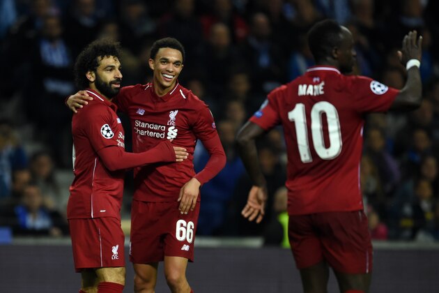 PORTO, PORTUGAL - APRIL 17: Mohamed Salah of Liverpool celebrates scoring his side's second goal during the UEFA Champions League Quarter Final second leg match between Porto and Liverpool at Estadio do Dragao on April 17, 2019 in Porto, Portugal. (Photo by Etsuo Hara/Getty Images)
