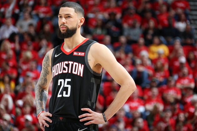 SALT LAKE CITY, UT - APRIL 20: Austin Rivers #25 of the Houston Rockets looks on during Game Three of Round One of the 2019 NBA Playoffs on April 20, 2019 at vivint.SmartHome Arena in Salt Lake City, Utah. NOTE TO USER: User expressly acknowledges and agrees that, by downloading and or using this Photograph, User is consenting to the terms and conditions of the Getty Images License Agreement. Mandatory Copyright Notice: Copyright 2019 NBAE (Photo by Melissa Majchrzak/NBAE via Getty Images)