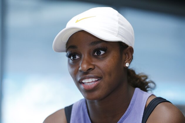 MIAMI GARDENS, FLORIDA - MARCH 20:  Sloane Stephens of United States fields questions from the media at a player availability session on Day 3 of the Miami Open Presented by Itau on March 20, 2019 in Miami Gardens, Florida. (Photo by Michael Reaves/Getty Images)