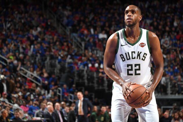 DETROIT, MI - APRIL 20: Khris Middleton #22 of the Milwaukee Bucks shoots a free throw against the Detroit Pistons during Game Three of Round One of the 2019 NBA Playoffs on April 20, 2019 at Little Caesars Arena in Detroit, Michigan. NOTE TO USER: User expressly acknowledges and agrees that, by downloading and/or using this photograph, user is consenting to the terms and conditions of the Getty Images License Agreement. Mandatory Copyright Notice: Copyright 2019 NBAE (Photo by Chris Schwegler/NBAE via Getty Images)
