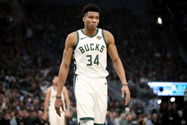 MILWAUKEE, WISCONSIN - APRIL 28:  Giannis Antetokounmpo #34 of the Milwaukee Bucks walks across the court in the first quarter against the Boston Celtics during Game One of Round Two of the 2019 NBA Playoffs at the Fiserv Forum on April 28, 2019 in Milwaukee, Wisconsin. NOTE TO USER: User expressly acknowledges and agrees that, by downloading and or using this photograph, User is consenting to the terms and conditions of the Getty Images License Agreement. (Photo by Dylan Buell/Getty Images)