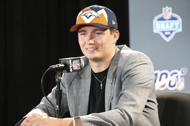 Missouri quarterback Drew Lock at a press conference after the Denver Broncos selected Lock during the second round of the NFL football draft, Friday, April 26, 2019, in Nashville, Tenn. (AP Photo/Vera Nieuwenhuis)
