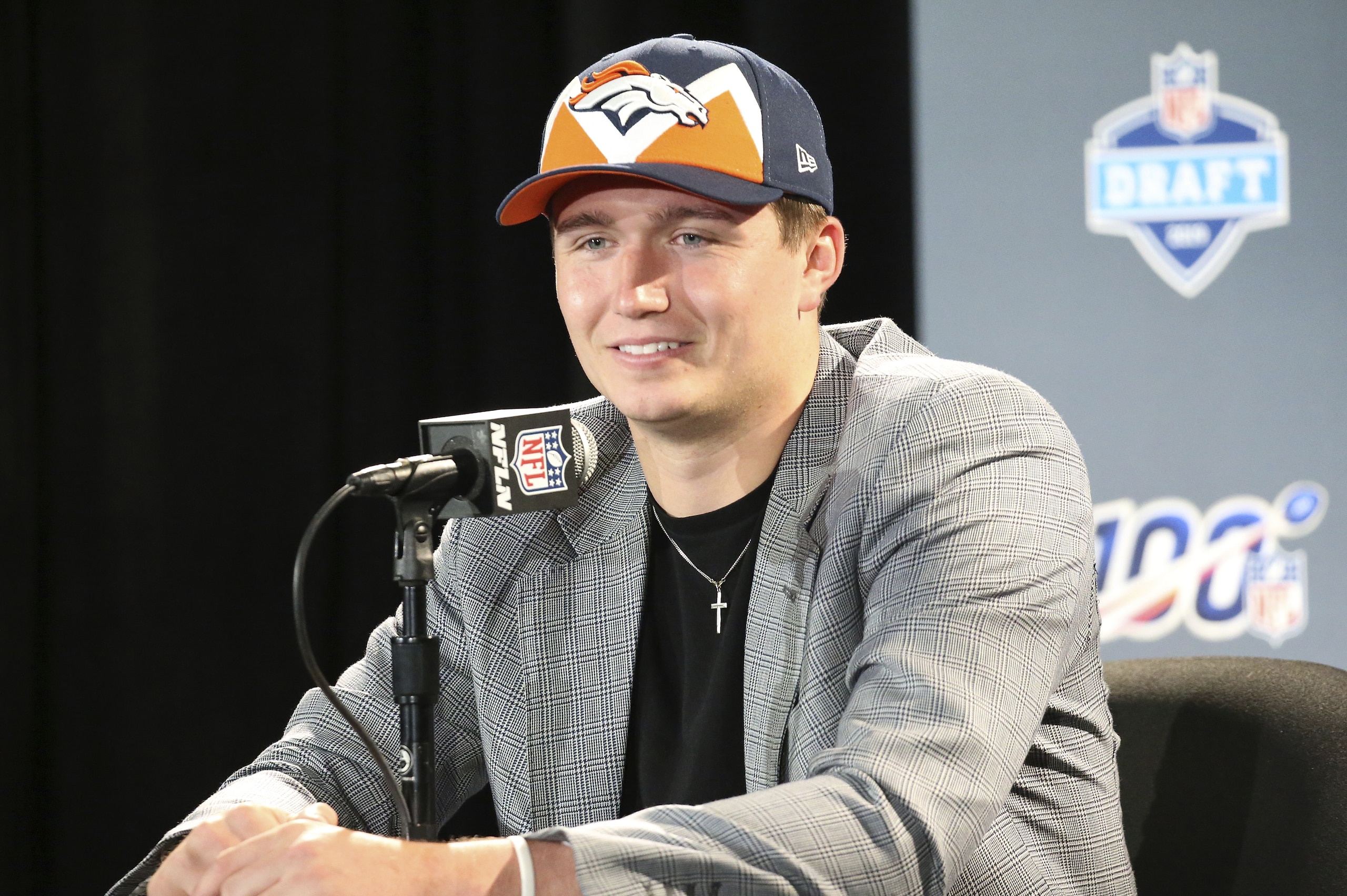 Missouri quarterback Drew Lock at a press conference after the Denver Broncos selected Lock during the second round of the NFL football draft, Friday, April 26, 2019, in Nashville, Tenn. (AP Photo/Vera Nieuwenhuis)