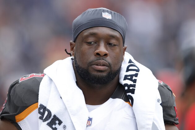 CHICAGO, IL - SEPTEMBER 30: Gerald McCoy #93 of the Tampa Bay Buccaneers looks on during the game against the Chicago Bears at Soldier Field on September 30, 2018 in Chicago, Illinois. The Bears won 48-10. (Photo by Joe Robbins/Getty Images)