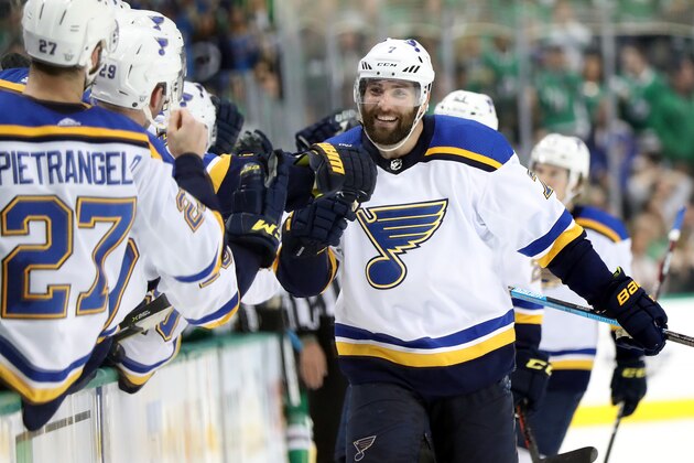 DALLAS, TEXAS - APRIL 29:  Pat Maroon #7 of the St. Louis Blues celebrates his goal against the Dallas Stars during the third period of Game Two of the Western Conference Second Round of the 2019 NHL Stanley Cup Playoffs at American Airlines Center on April 29, 2019 in Dallas, Texas. (Photo by Ronald Martinez/Getty Images)