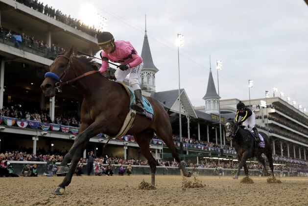 FILE - In this Nov. 2, 2018, file photo, Joel Rosario rides Game Winner to victory in the Breeders' Cup Juvenile horse race at Churchill Downs in Louisville, Ky. Unbeaten Game Winner is among 362 3-year-old thoroughbreds made eligible during the early nomination period to compete in the Kentucky Derby, Preakness and Belmont Stakes. (AP Photo/Darron Cummings, File)