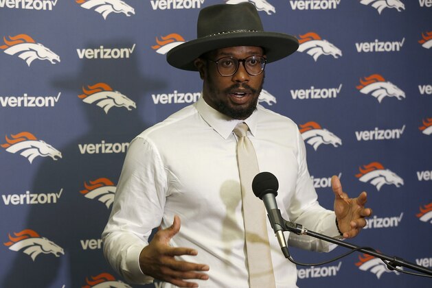 Denver Broncos linebacker Von Miller speaks at a news conference after an NFL football game against the Oakland Raiders in Oakland, Calif., Monday, Dec. 24, 2018. (AP Photo/D. Ross Cameron)