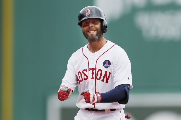 Boston Red Sox's Dustin Pedroia reacts after flying put during the third inning of a baseball game against the Baltimore Orioles in Boston, Monday, April 15, 2019. (AP Photo/Michael Dwyer)