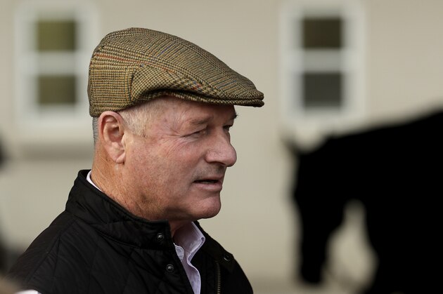 Richard Mandella, trainer of Kentucky Derby hopeful Omaha Beach, stands in his barn after a workout at Churchill Downs Tuesday, April 30, 2019, in Louisville, Ky. The 145th running of the Kentucky Derby is scheduled for Saturday, May 4. (AP Photo/Charlie Riedel)