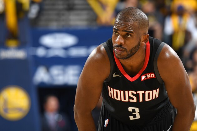 OAKLAND, CA - APRIL 28: Chris Paul #3 of the Houston Rockets looks on against the Golden State Warriors during the Western Conference Semifinals of the NBA Playoffs on April 28, 2019 at ORACLE Arena in Oakland, California. NOTE TO USER: User expressly acknowledges and agrees that, by downloading and or using this photograph, user is consenting to the terms and conditions of Getty Images License Agreement. Mandatory Copyright Notice: Copyright 2019 NBAE (Photo by Andrew D. Bernstein/NBAE via Getty Images)