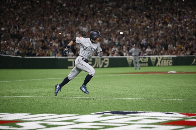 TOKYO, JAPAN - MARCH 21: Ichiro Suzuki #51 of the Seattle Mariners races towards first during the game against the Oakland Athletics at the Tokyo Dome on March 21, 2019 in Tokyo, Japan. The Mariners defeated the Athletics 5-4. (Photo by Michael Zagaris/Oakland Athletics/Getty Images)