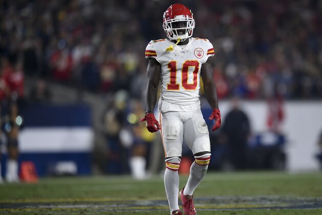 Kansas City Chiefs wide receiver Tyreek Hill in action during the second half of an NFL football game against the Los Angeles Rams, Monday, Nov. 19, 2018, in Los Angeles. (AP Photo/Kelvin Kuo)