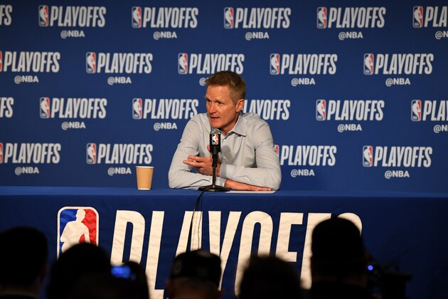 OAKLAND, CA - APRIL 28: Head Coach Steve Kerr of the Golden State Warriors talks at the press conference after Game One of the Western Conference Semifinals of the 2019 NBA Playoffs against the Houston Rockets on April 28, 2019 at ORACLE Arena in Oakland, California. NOTE TO USER: User expressly acknowledges and agrees that, by downloading and or using this photograph, User is consenting to the terms and conditions of the Getty Images License Agreement. Mandatory Copyright Notice: Copyright 2019 NBAE (Photo by Noah Graham/NBAE via Getty Images)