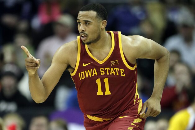 Iowa State guard Talen Horton-Tucker (11) points to a teammate during the second half of an NCAA college basketball game against Baylor in the quarterfinals of the Big 12 conference tournament in Kansas City, Mo., Thursday, March 14, 2019. Iowa State defeated Baylor 83-66. (AP Photo/Orlin Wagner)