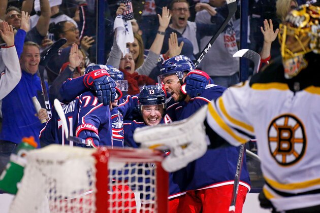 COLUMBUS, OH - APRIL 30:  Matt Duchene #95 of the Columbus Blue Jackets is congratulated by his teammates after beating Tuukka Rask #40 of the Boston Bruins for a goal during the second period in Game Three of the Eastern Conference Second Round during the 2019 NHL Stanley Cup Playoffs on April 30, 2019 at Nationwide Arena in Columbus, Ohio. (Photo by Kirk Irwin/Getty Images)