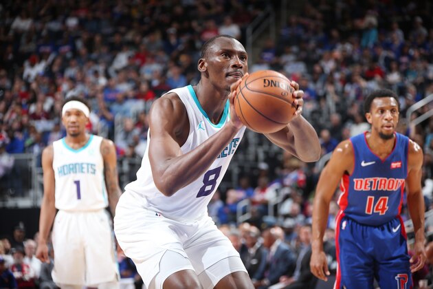 DETROIT, MI - APRIL 7 : Bismack Biyombo #8 of the Charlotte Hornets shoots a free throw during the game against the Detroit Pistons on April 7, 2019 at Little Caesars Arena in Detroit, Michigan. NOTE TO USER: User expressly acknowledges and agrees that, by downloading and/or using this photograph, User is consenting to the terms and conditions of the Getty Images License Agreement. Mandatory Copyright Notice: Copyright 2019 NBAE (Photo by Brian Sevald/NBAE via Getty Images)