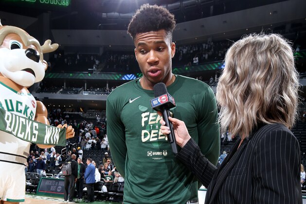 MILWAUKEE, WI - APRIL 30: Giannis Antetokounmpo #34 of the Milwaukee Bucks talks to the media after defeating the Boston Celtics in Game Two of the Eastern Conference Semi Finals of the 2019 NBA Playoffs on April 30, 2019 at the Fiserv Forum Center in Milwaukee, Wisconsin. NOTE TO USER: User expressly acknowledges and agrees that, by downloading and or using this Photograph, user is consenting to the terms and conditions of the Getty Images License Agreement. Mandatory Copyright Notice: Copyright 2019 NBAE (Photo by Nathaniel S. Butler/NBAE via Getty Images).