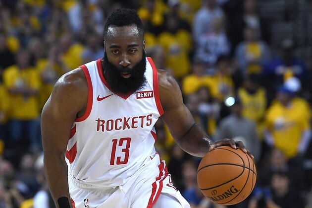 OAKLAND, CA - APRIL 30:  James Harden #13 of the Houston Rockets drives to the basket against the Golden State Warriors in Game Two of the Second Round of the 2019 NBA Western Conference Playoffs at ORACLE Arena on April 30, 2019 in Oakland, California. NOTE TO USER: User expressly acknowledges and agrees that, by downloading and or using this photograph, User is consenting to the terms and conditions of the Getty Images License Agreement.  (Photo by Thearon W. Henderson/Getty Images)
