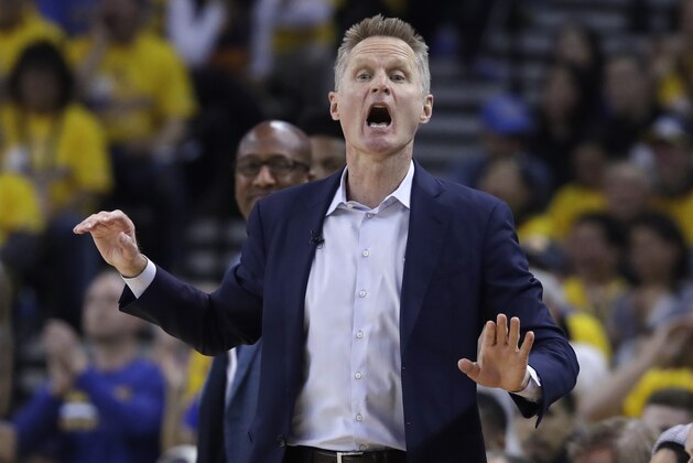 Golden State Warriors coach Steve Kerr yells during the first half of Game 2 of the team's second-round NBA basketball playoff series against the Houston Rockets in Oakland, Calif., Tuesday, April 30, 2019. (AP Photo/Jeff Chiu)