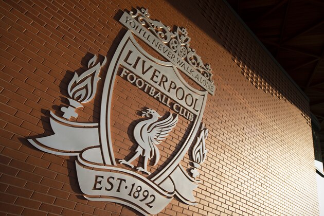 LIVERPOOL, ENGLAND - APRIL 09: The Liverpool FC club crest on the outside of the stadium before the UEFA Champions League Quarter Final first leg match between Liverpool and Porto at Anfield on April 9, 2019 in Liverpool, England. (Photo by Visionhaus/Getty Images)