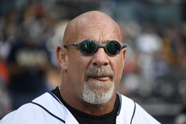 SAN DIEGO, CA - JUNE 30: Former wrestler Bill Goldberg throws out the first pitch before a baseball game between the San Diego Padres and the Pittsburgh Pirates at PETCO Park on June 30, 2018 in San Diego, California. (Photo by Denis Poroy/Getty Images)