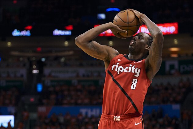 OKLAHOMA CITY, OKLAHOMA - APRIL 19: Al-Farouq Aminu #8 of the Portland Trail Blazers shoots the ball against the Oklahoma City Thunder during game three of the Western Conference quarterfinals at Chesapeake Energy Arena on April 19, 2019 in Oklahoma City, Oklahoma. NOTE TO USER: User expressly acknowledges and agrees that, by downloading and or using this photograph, User is consenting to the terms and conditions of the Getty Images License Agreement.  (Photo by Cooper Neill/Getty Images)