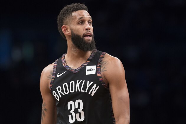 Brooklyn Nets guard Allen Crabbe during a break in action in the second half of an NBA basketball game against the Memphis Grizzlies, Friday, Nov. 30, 2018, in New York. The Grizzlies won 131-125. (AP Photo/Mary Altaffer)