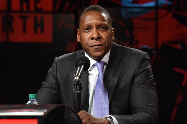 TORONTO, ON - SEPTEMBER 24: Masai Ujiri of the Toronto Raptors speaks to the media at a press conference after media day on September 24, 2018 at the Air Canada Centre in Toronto, Ontario, Canada. NOTE TO USER: User expressly acknowledges and agrees that, by downloading and or using this photograph, User is consenting to the terms and conditions of the Getty Images License Agreement. Mandatory Copyright Notice: Copyright 2018 NBAE (Photo by Ron Turenne/NBAE via Getty Images)