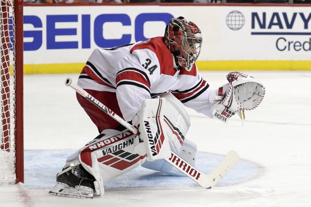 Carolina Hurricanes goaltender Petr Mrazek, of the Czech Republic, guards his net against the New York Islanders during the second period of Game 2 of an NHL hockey second-round playoff series, Sunday, April 28, 2019, in New York. Mrazek was replaced by Curtis McElhinney in the second period. (AP Photo/Julio Cortez)
