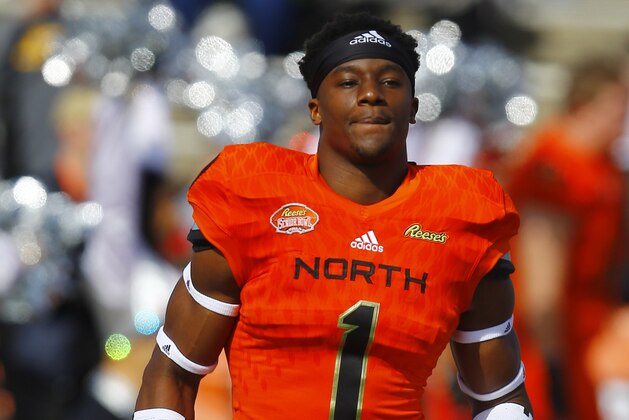 North defensive back Corey Ballentine of Washburn (1) before the start of the Senior Bowl college football game, Saturday, Jan. 26, 2019, in Mobile, Ala. (AP Photo/Butch Dill)
