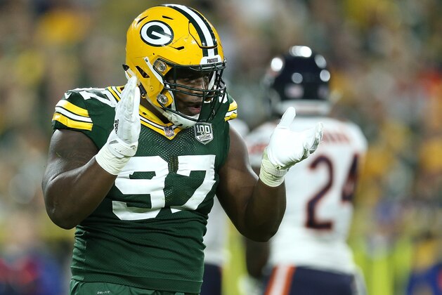 GREEN BAY, WI - SEPTEMBER 09:  Kenny Clark #97 of the Green Bay Packers reacts during the second quarter of a game against the Chicago Bears at Lambeau Field on September 9, 2018 in Green Bay, Wisconsin.  (Photo by Dylan Buell/Getty Images)