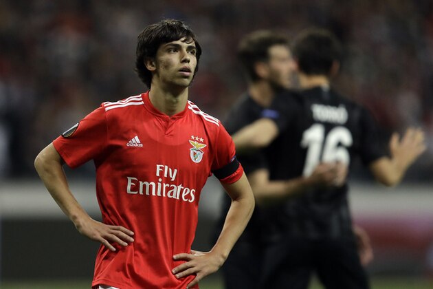 Benfica's Joao Felix reacts in dejection at the end of the Europa League quarterfinals, second leg soccer match between Eintracht Frankfurt and Benfica at the Commerzbank Arena in Frankfurt, Germany, Thursday, April 18, 2019. (AP Photo/Michael Probst)