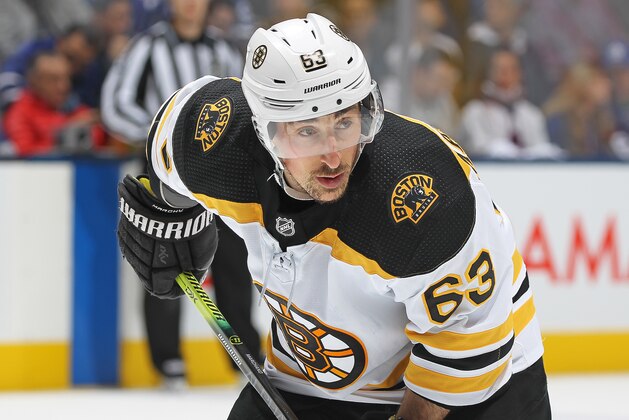 TORONTO, ON - APRIL 21:  Brad Marchand #63 of the Boston Bruins waits for play to resume against the Toronto Maple Leafs in Game Six of the Eastern Conference First Round during the 2019 NHL Stanley Cup Playoffs at Scotiabank Arena on April 21, 2019 in Toronto, Ontario, Canada. The Bruins defeated the Maple Leafs 4-2. (Photo by Claus Andersen/Getty Images)
